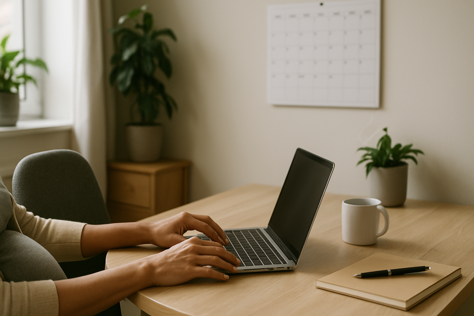 Scrivania in casa con calendario e laptop, simbolo di organizzazione tra lavoro e maternità