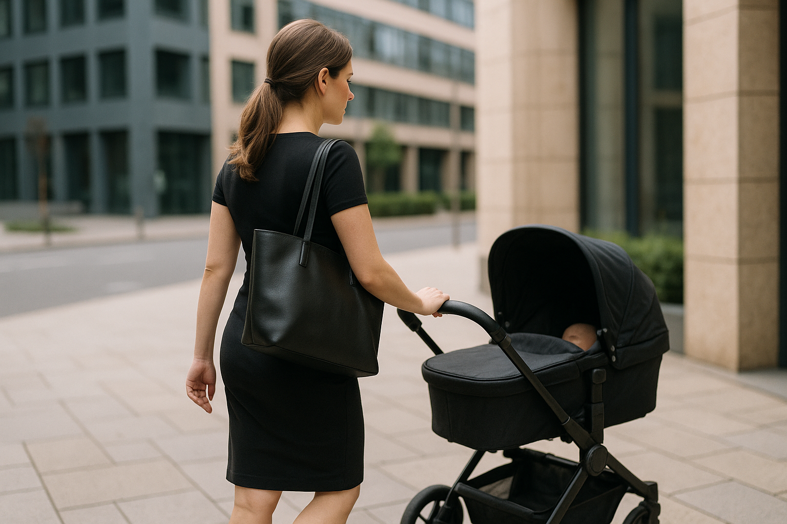 Mamma lavoratrice che concilia lavoro e cura del bambino durante gli spostamenti quotidiani