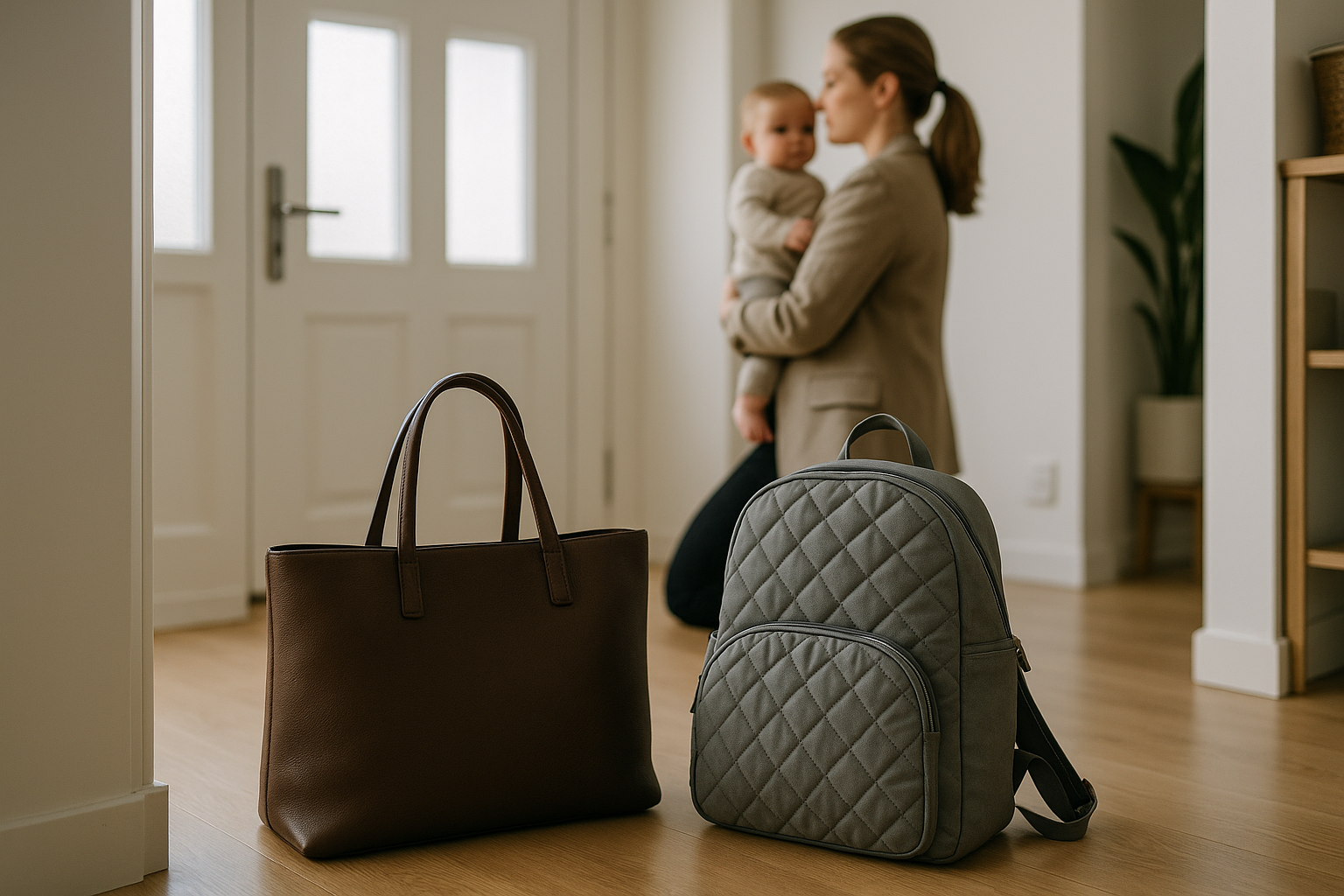 Borsa da lavoro e borsa per il nido pronte vicino alla porta di casa al mattino