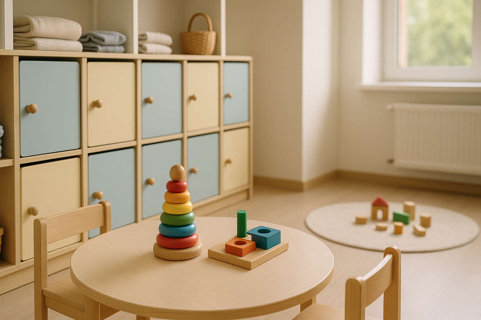 Spazio interno di un asilo nido con giochi e armadietti, ambiente ordinato e luminoso
