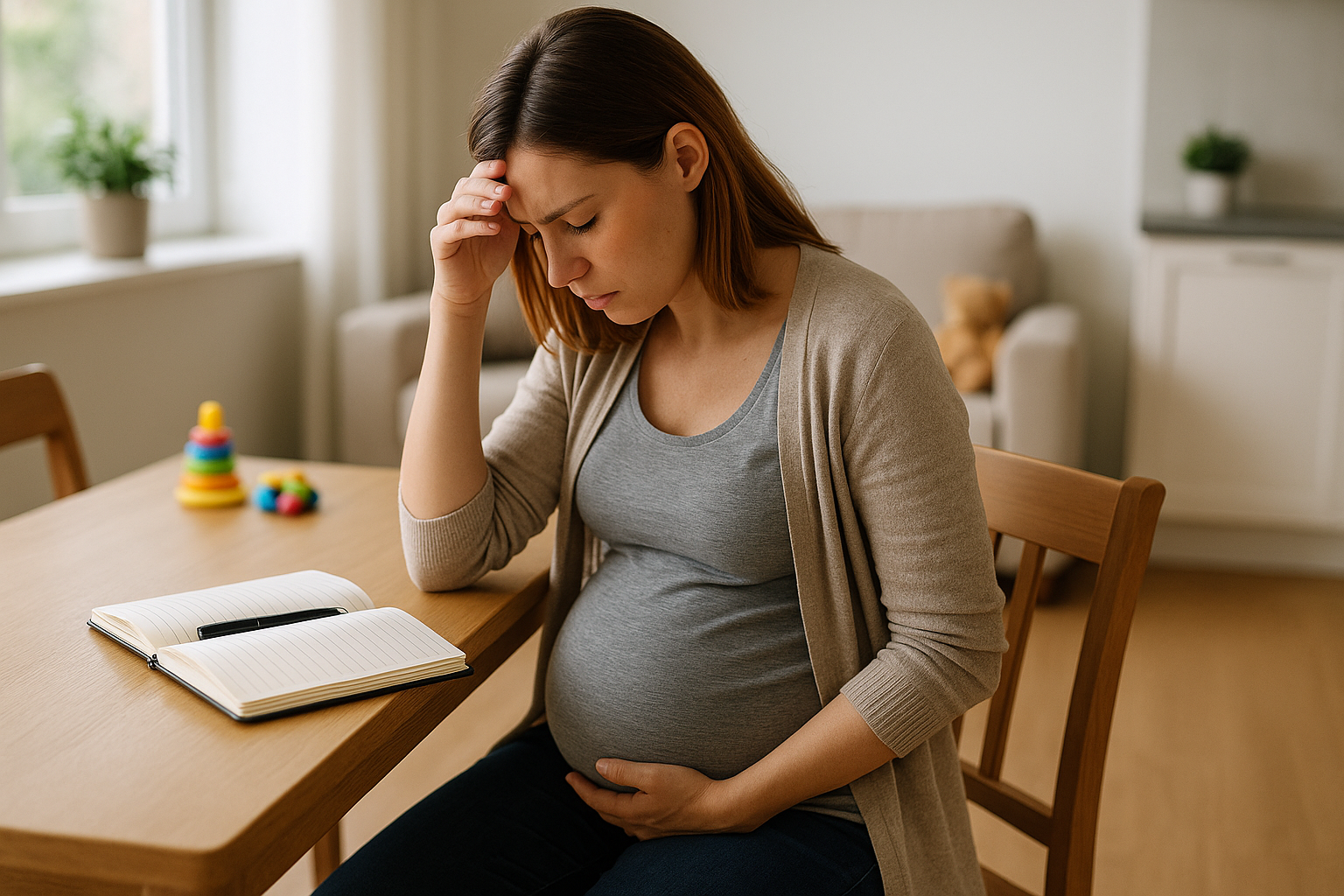Tavolo di cucina con agenda e oggetti quotidiani che richiamano l'organizzazione di una mamma sola