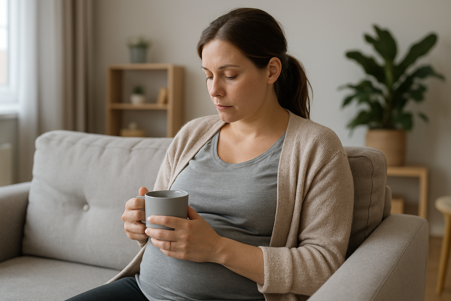 Madre in un ambiente domestico sereno che si prende un momento di pausa per il proprio benessere psicologico