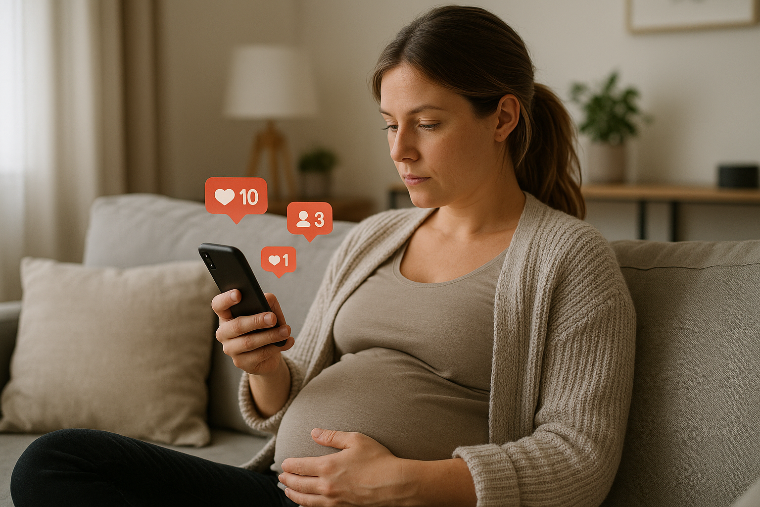 Mamma a casa con smartphone, tra notifiche e vita quotidiana, simbolo di supporto e pressione dei social