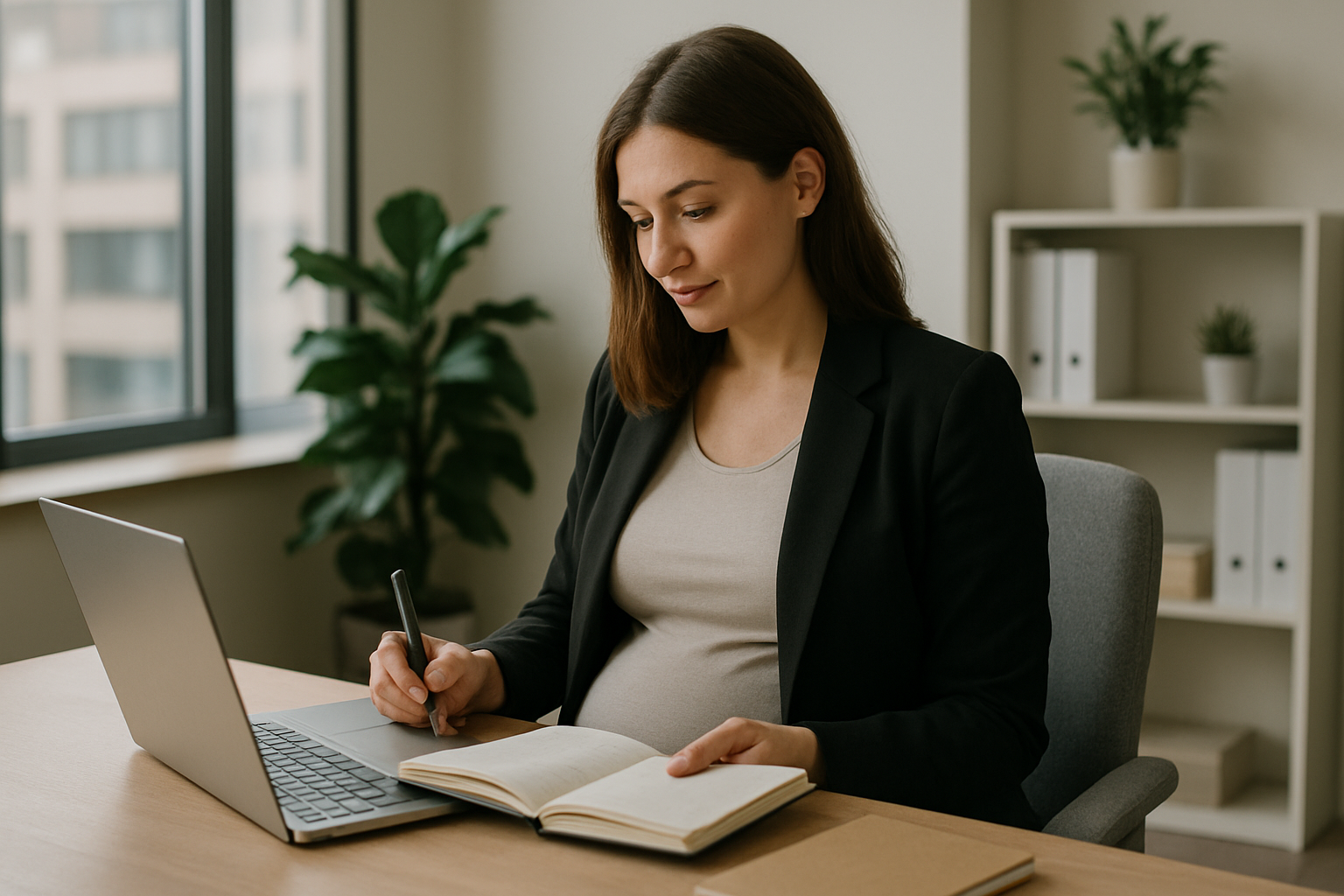 Donna al lavoro che pianifica il rientro dopo la maternità in un ufficio moderno