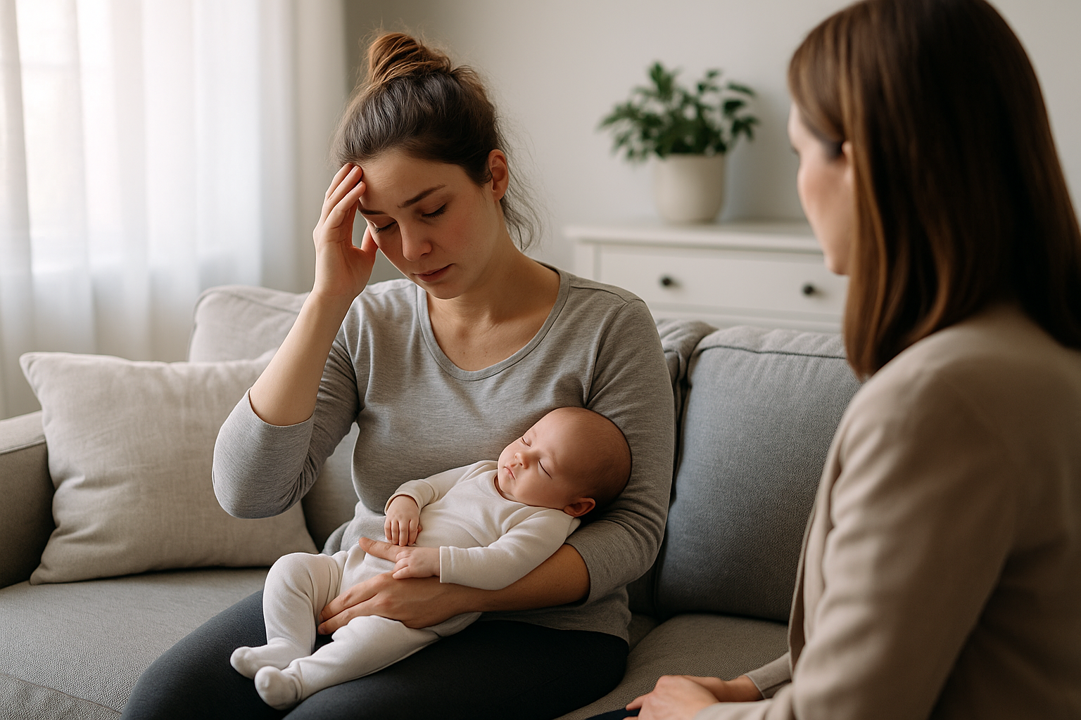Madre con neonato in un momento di ascolto e supporto emotivo nel periodo post partum