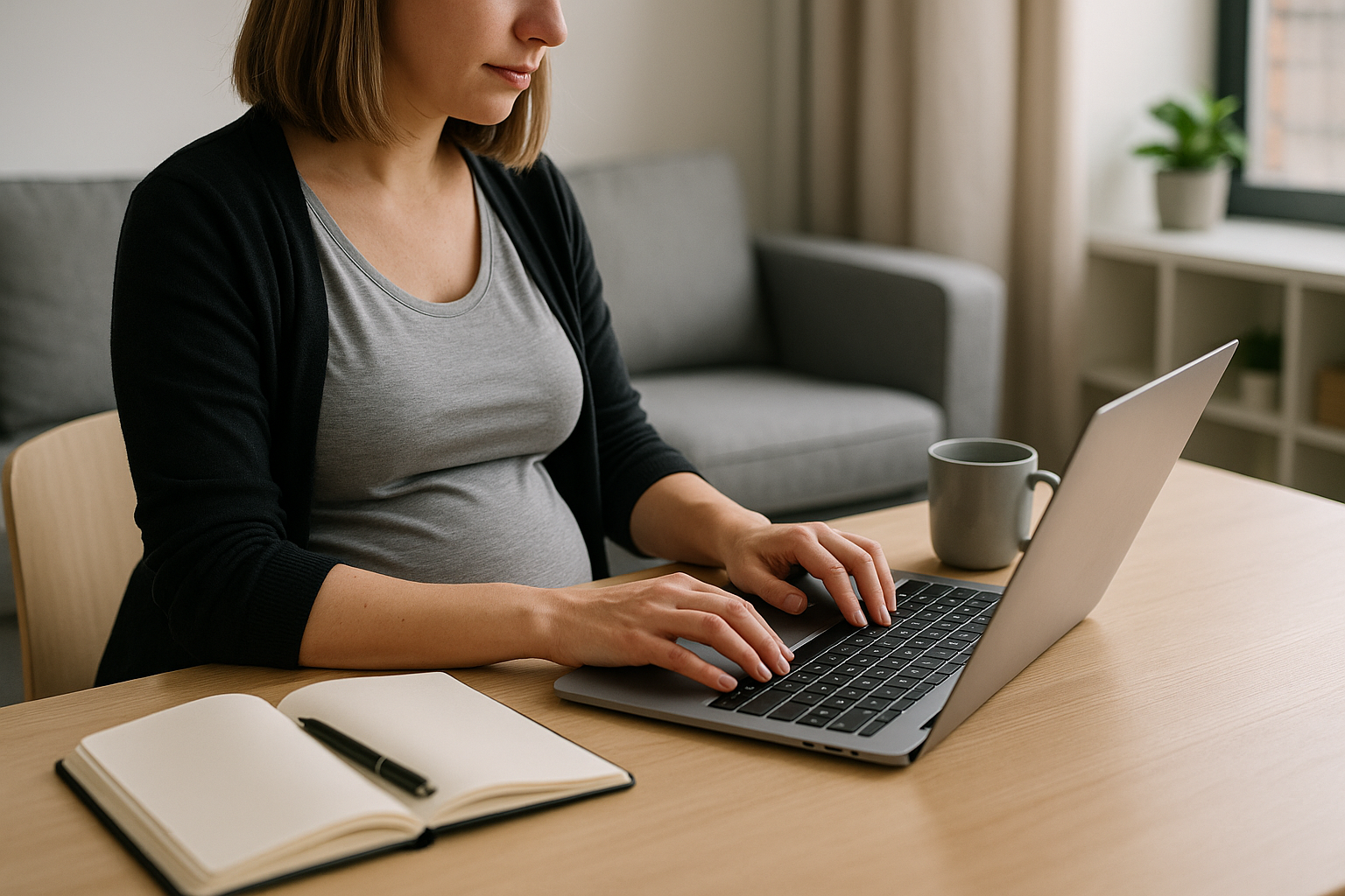 Mamma imprenditrice che organizza il lavoro da casa con agenda e computer