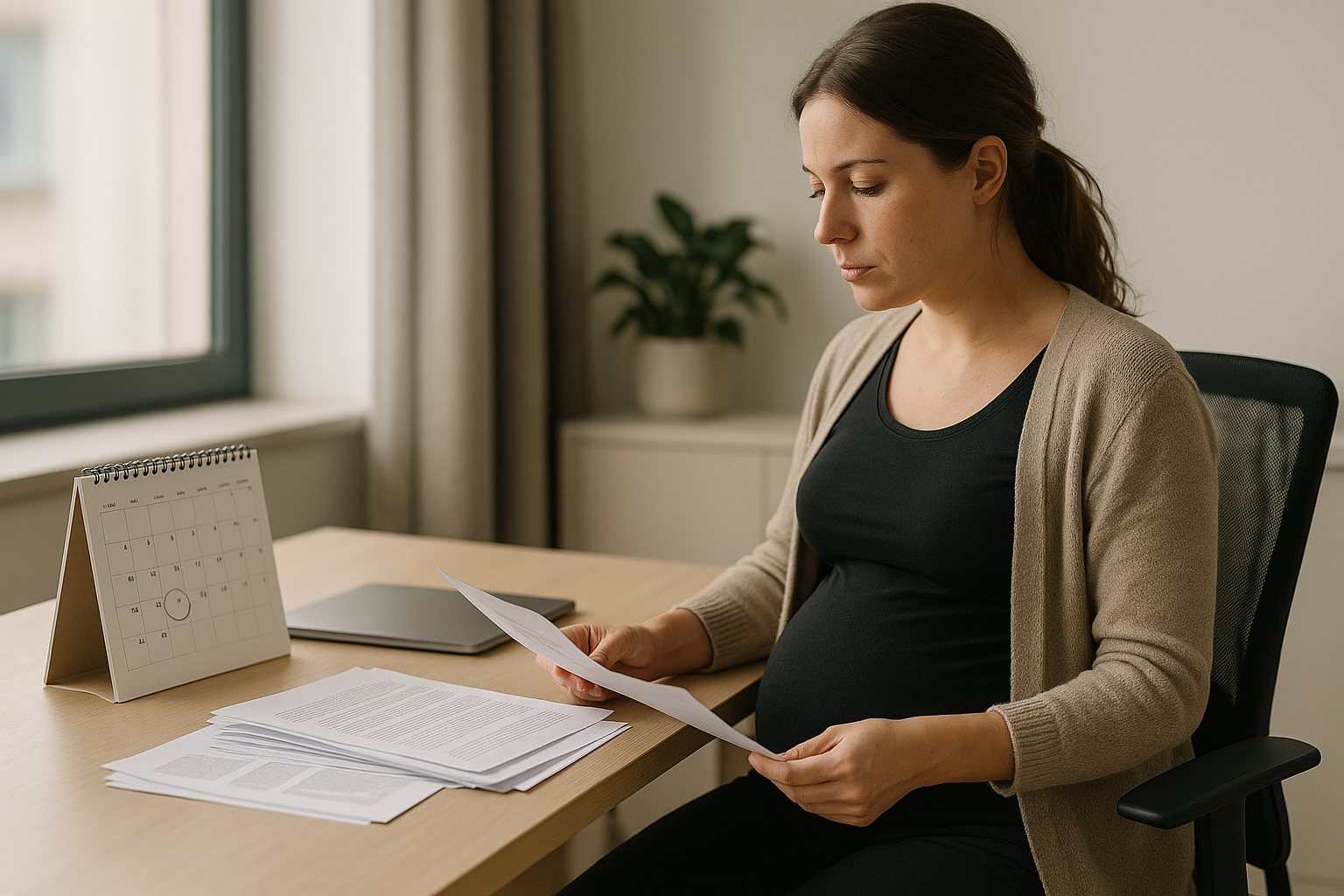 Donna incinta al lavoro con calendario e documenti, simbolo di incertezza contrattuale