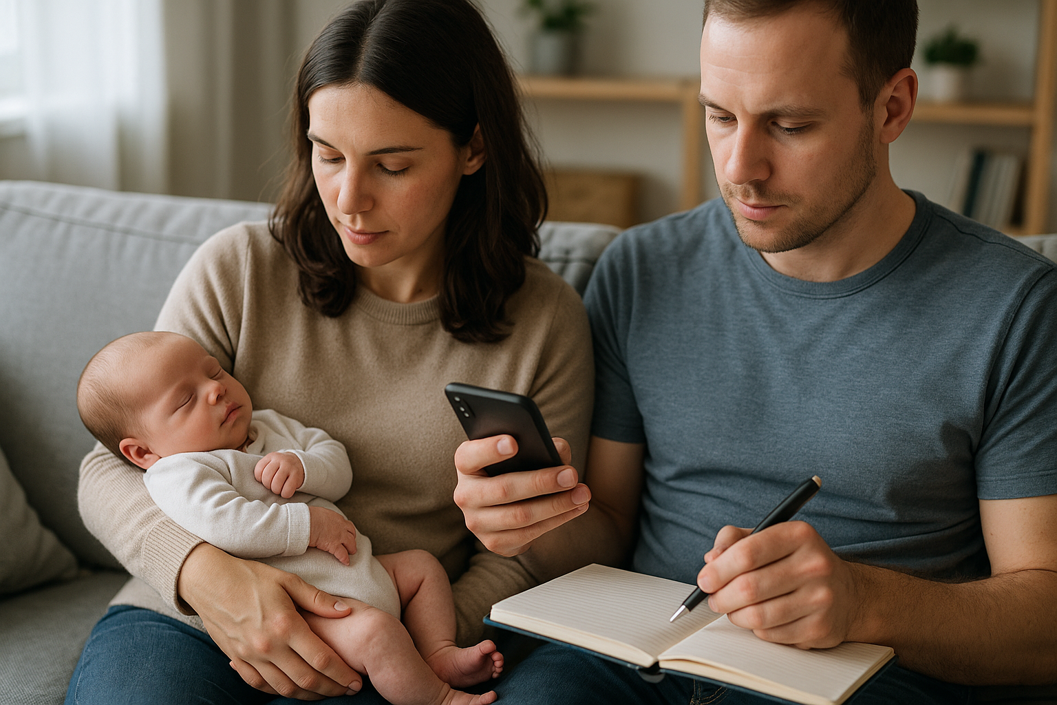 Genitori che consultano informazioni pediatriche online con un neonato in casa