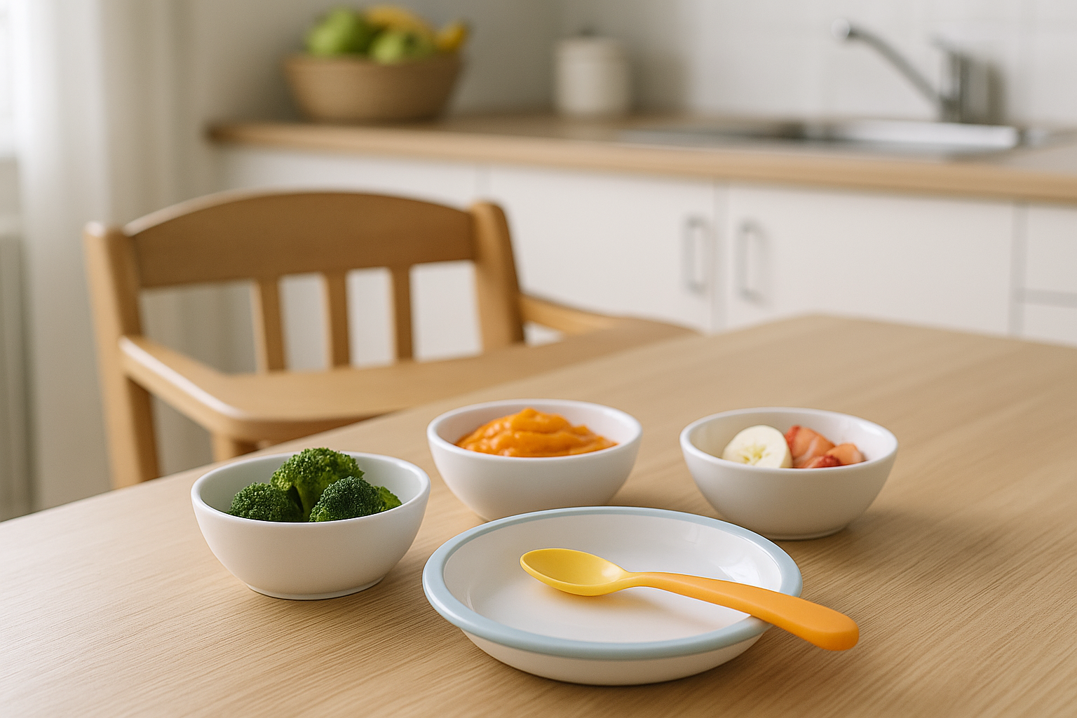 Tavola di casa con alimenti semplici per l'alimentazione complementare del bambino