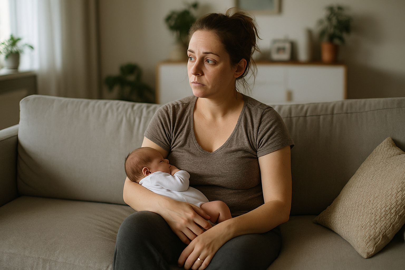 Neo-mamma in un salotto domestico, atmosfera realistica e accogliente