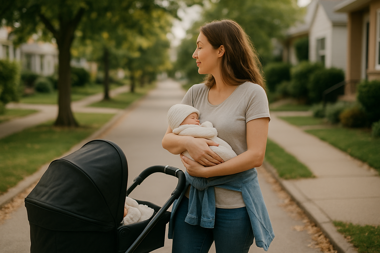 Neomamma che esce per una passeggiata all’aperto dopo il parto in un contesto urbano tranquillo