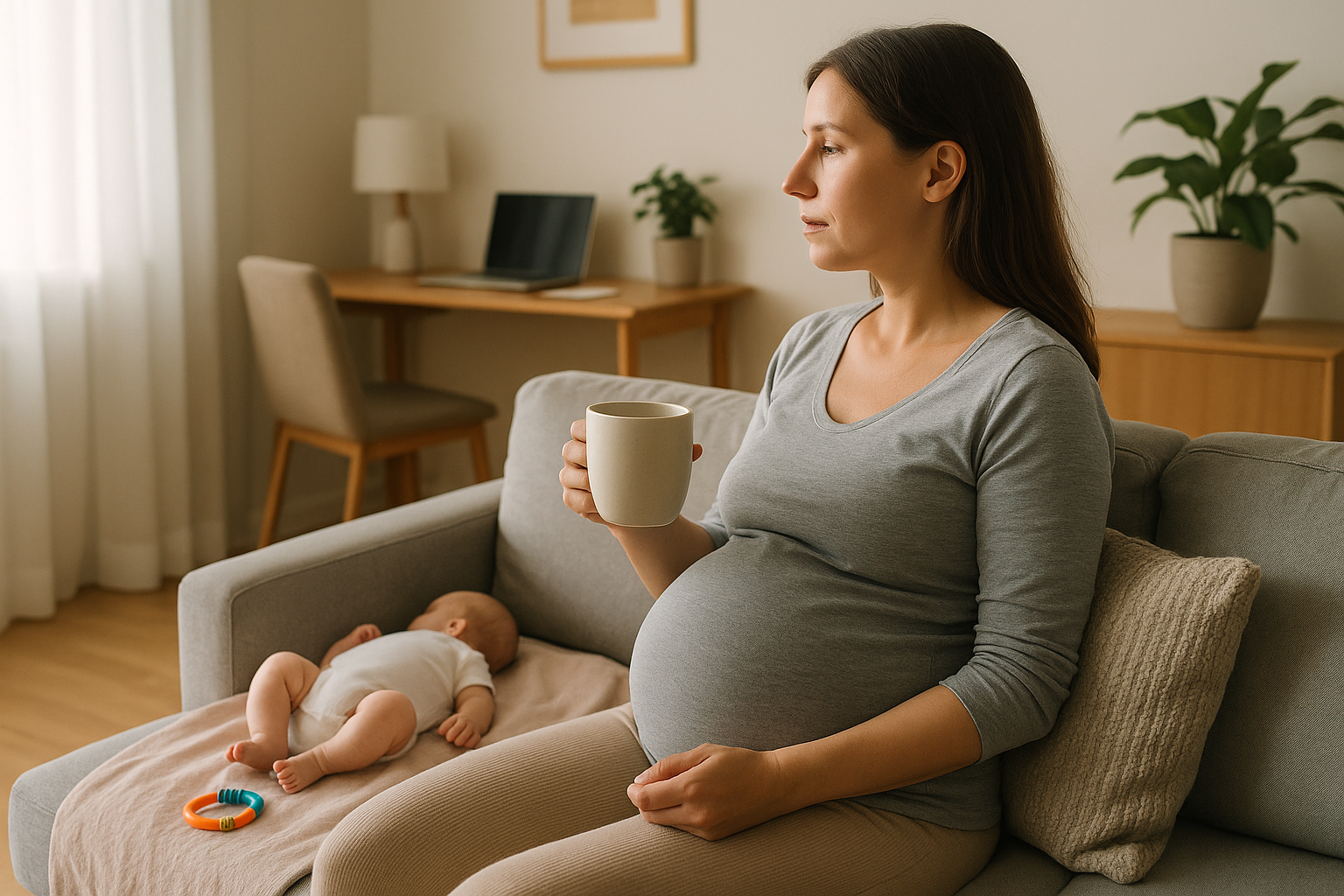Mamma che si ritaglia un momento di calma in casa durante la giornata