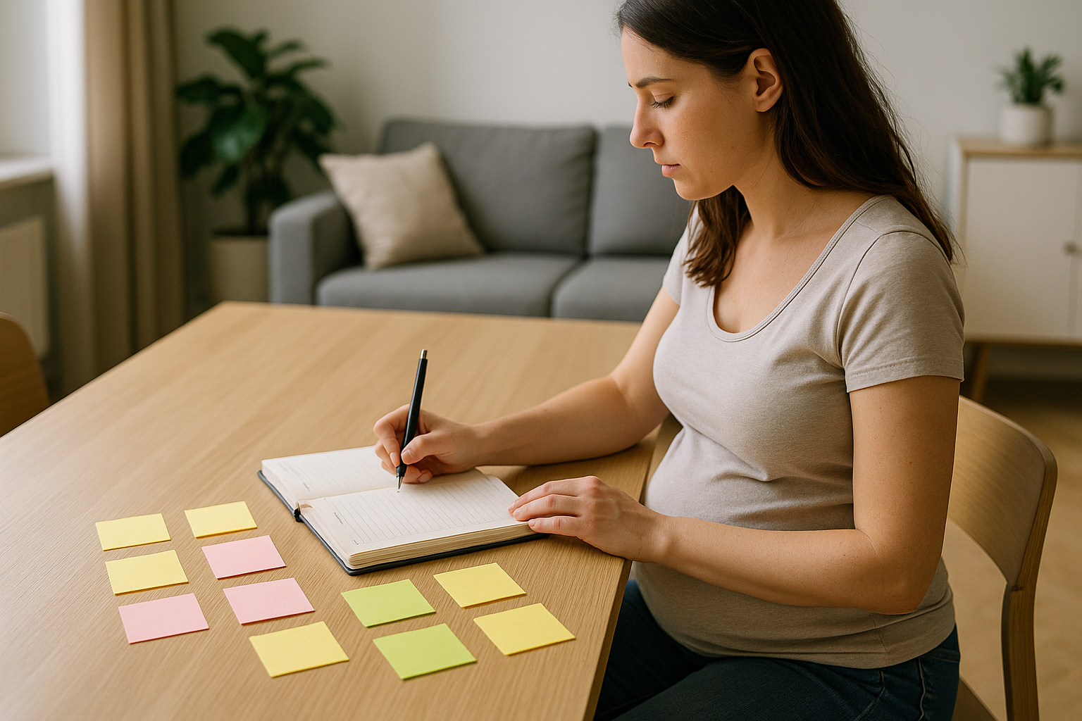 Madre che organizza impegni familiari con agenda e post-it su un tavolo