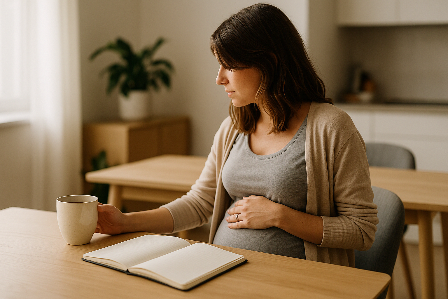 Madre che si ritaglia un momento di tempo per sé scrivendo su un quaderno in casa
