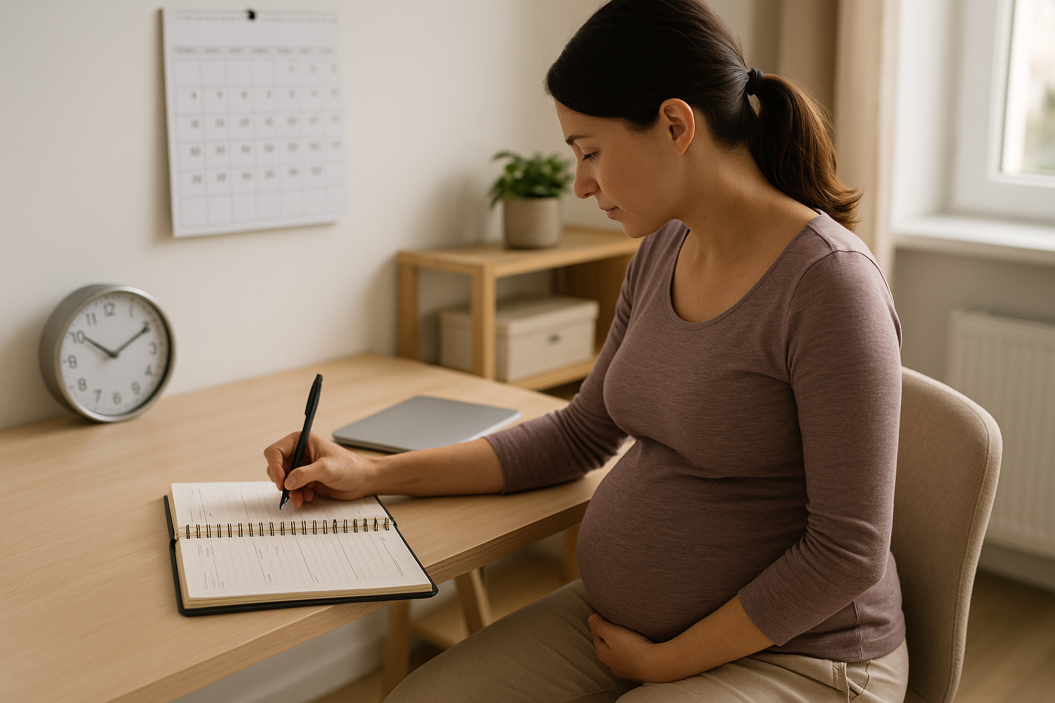 Mamma che pianifica la giornata tra lavoro e gestione familiare con calendario e agenda
