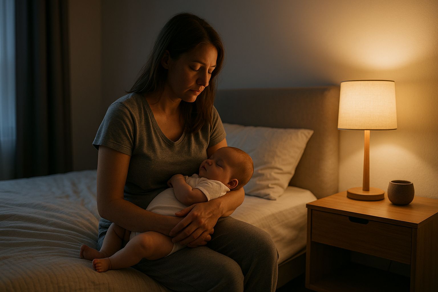 Mamma sveglia di notte in camera da letto con luce soffusa, simbolo di sonno frammentato nel post parto