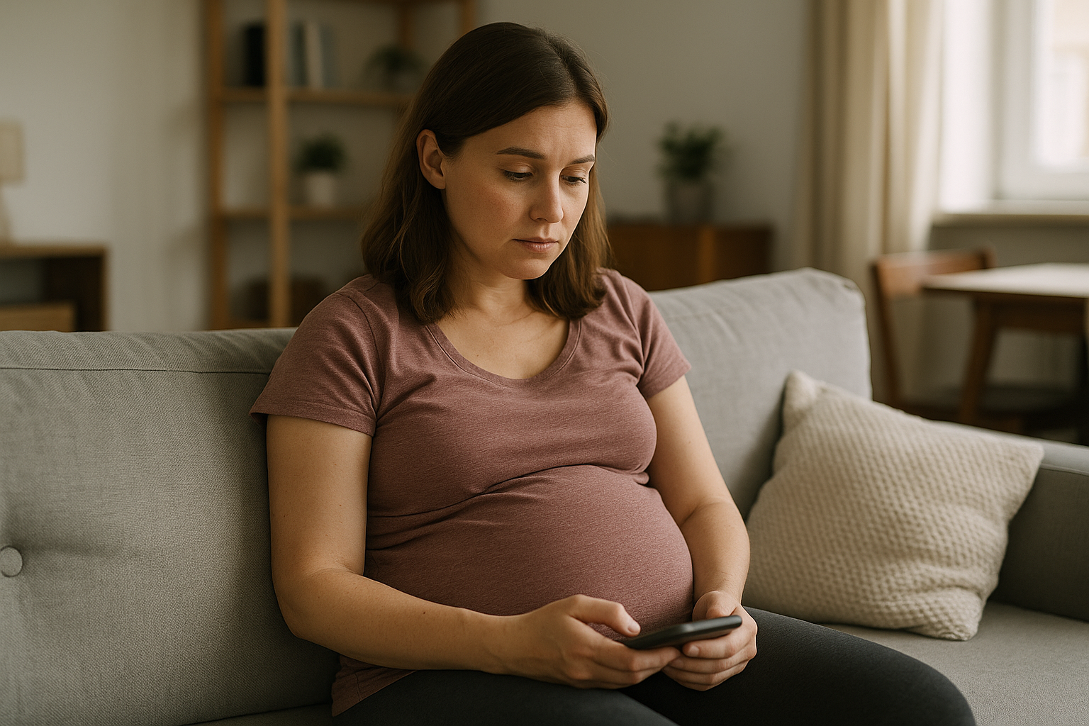 Mamma seduta sul divano con il telefono in mano, in un ambiente domestico tranquillo