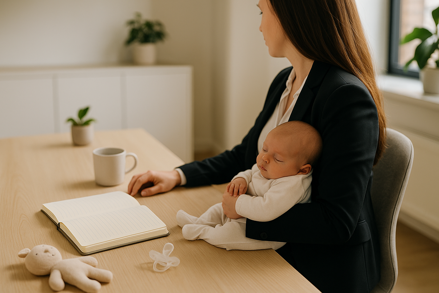 Scrivania ordinata con agenda e oggetti neutri che suggeriscono l'organizzazione del rientro al lavoro dopo la maternità