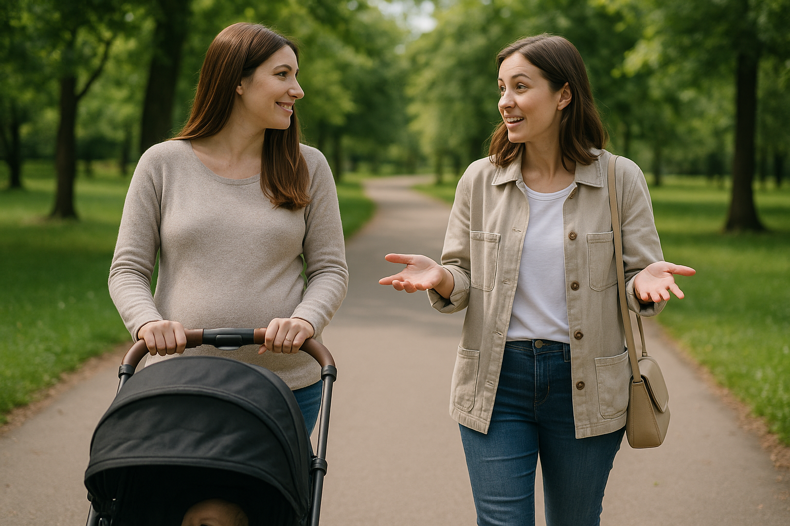 Mamma che passeggia con il passeggino e parla con un'amica al parco