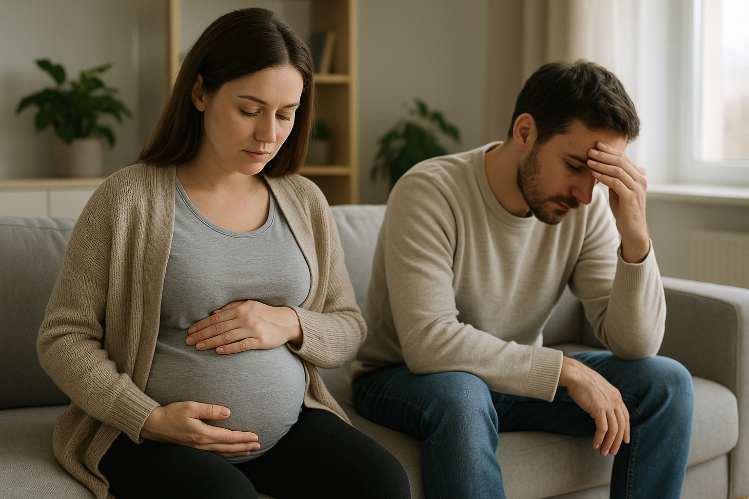 Neogenitori seduti sul divano che si confrontano con calma durante il post partum